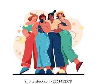 Vector clipart of women group taking selfie. Different woman make photo for profile. People making photography for social media using smartphone. Multi-ethnic posing for camera. Blogger leisure