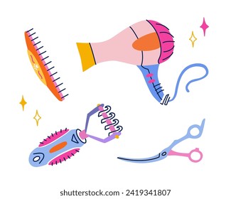 Vector cliparts set of pet grooming equipments. Stripping rake, hair dryer, curved scissors and comb. Tools for professional groomers in flat trendy colorful style. Banner design