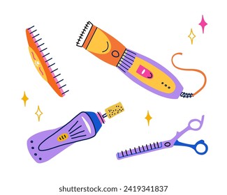 Vector cliparts set of pet grooming equipments. Hair clipper, nail grinder, blending scissors and comb. Tools for professional groomers in flat trendy colorful style. Banner design