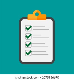 Vector clipboard and checklist with checkmark. Business tablet with a completed application form.