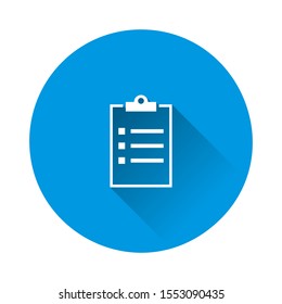 Vector clipboard and checklist with checkmarks. Business tablet with a completed application form on blue background. Flat image with long shadow.