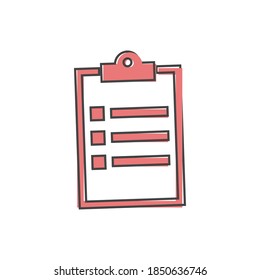 Portapapeles vectorial y lista de verificación con marcas de verificación. Comprimido de empresa con un estilo de caricatura de formulario de aplicación completado sobre fondo blanco aislado.