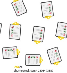 Vector clipboard and checklist with checkmarks and crosses. Business tablet with a completed application form seamless pattern on a white background.