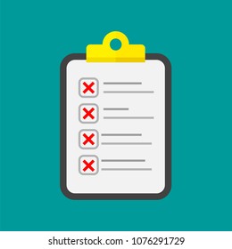 Vector clipboard and checklist with  crosses. Business tablet with a completed application form.