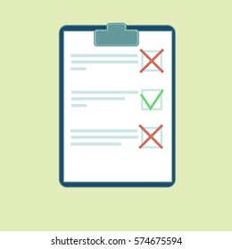 Vector clipboard with green tick and red crosses. Flat design clip board and check marks