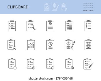 Vector clipboard icon. Editable stroke. To-do list, check sheet and pencil pen. Icons registration form, test questionnaire survey. Checklist with gears magnifier graph chart, data protection privacy