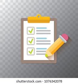 vector Clipboard icon with green checkmarks and orange pencil on transparent background. Checklist vector flat style symbol. to do list