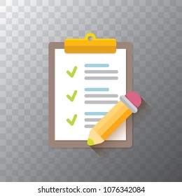 vector Clipboard icon with green checkmarks and orange pencil on transparent background. Checklist vector flat style symbol. to do list