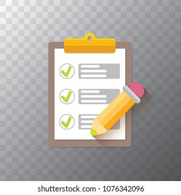 vector Clipboard icon with green checkmarks and orange pencil on transparent background. Checklist vector flat style symbol. to do list