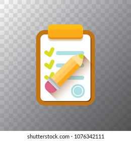 vector Clipboard icon with green checkmarks and orange pencil on transparent background. Checklist vector flat style symbol. to do list