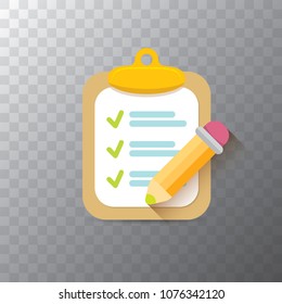 vector Clipboard icon with green checkmarks and orange pencil on transparent background. Checklist vector flat style symbol. to do list