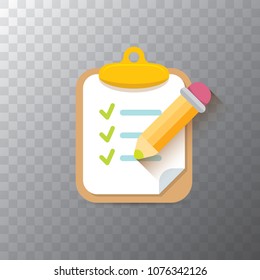 vector Clipboard icon with green checkmarks and orange pencil on transparent background. Checklist vector flat style symbol. to do list