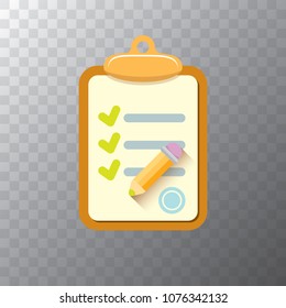 vector Clipboard icon with green checkmarks and orange pencil on transparent background. Checklist vector flat style symbol. to do list