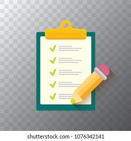 vector Clipboard icon with green checkmarks and orange pencil on transparent background. Checklist vector flat style symbol. to do list
