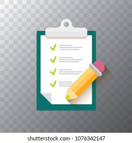 vector Clipboard icon with green checkmarks and orange pencil on transparent background. Checklist vector flat style symbol. to do list