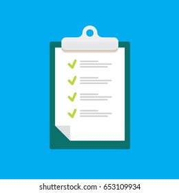 vector Clipboard icon with green checkmarks on blue background. Checklist vector flat style symbol