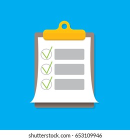 vector Clipboard icon with green checkmarks on blue background. Checklist vector flat style symbol