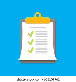 vector Clipboard icon with green checkmarks on blue background. Checklist vector flat style symbol