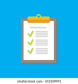 vector Clipboard icon with green checkmarks on blue background. Checklist vector flat style symbol