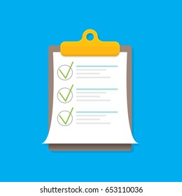 vector Clipboard icon with green checkmarks on blue background. Checklist vector flat style symbol