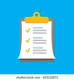 vector Clipboard icon with green checkmarks on blue background. Checklist vector flat style symbol