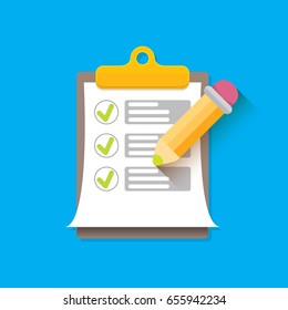 vector Clipboard icon with green checkmarks and otange pencil on blue background. Checklist vector flat style symbol