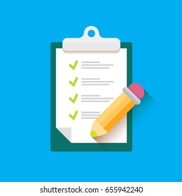 vector Clipboard icon with green checkmarks and otange pencil on blue background. Checklist vector flat style symbol