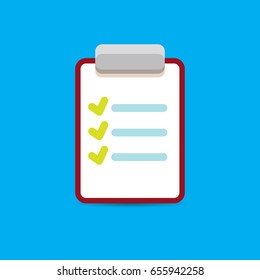 vector Clipboard icon with green checkmarks on blue background. Checklist vector flat style symbol
