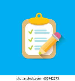 vector Clipboard icon with green checkmarks and otange pencil on blue background. Checklist vector flat style symbol