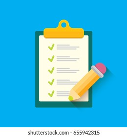 vector Clipboard icon with green checkmarks and otange pencil on blue background. Checklist vector flat style symbol