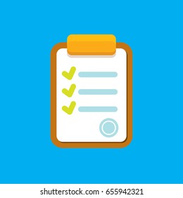 vector Clipboard icon with green checkmarks on blue background. Checklist vector flat style symbol