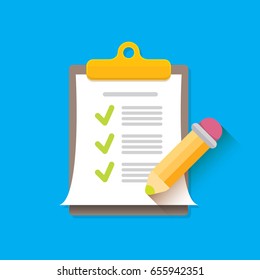 vector Clipboard icon with green checkmarks and otange pencil on blue background. Checklist vector flat style symbol