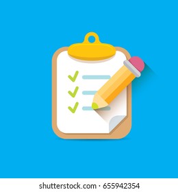 vector Clipboard icon with green checkmarks and otange pencil on blue background. Checklist vector flat style symbol