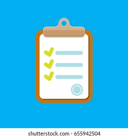 vector Clipboard icon with green checkmarks on blue background. Checklist vector flat style symbol