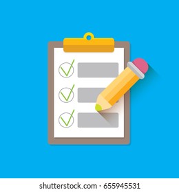 vector Clipboard icon with green checkmarks and otange pencil on blue background. Checklist vector flat style symbol