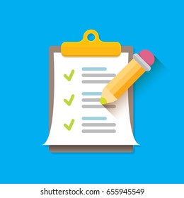 vector Clipboard icon with green checkmarks and otange pencil on blue background. Checklist vector flat style symbol