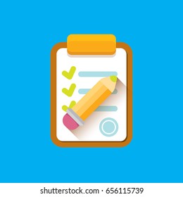 vector Clipboard icon with green checkmarks and otange pencil on blue background. Checklist vector flat style symbol