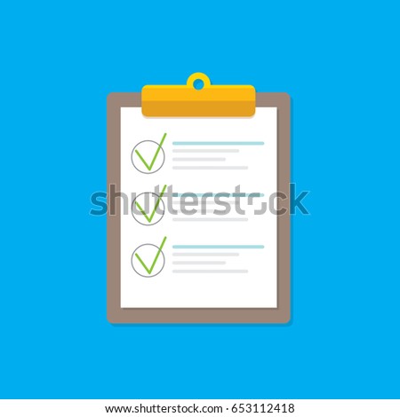 vector Clipboard icon with green checkmarks on blue background. Checklist vector flat style symbol