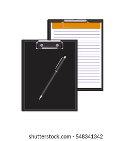 Vector clipboard isolated on white background. With sheet of lined blank paper and pen. Realistic eps 10