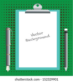 The vector of clipboard with pen and pencil on wooden background. 