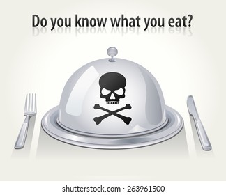 Vector Cloche, Fork and Knife with Skull & Crossbones