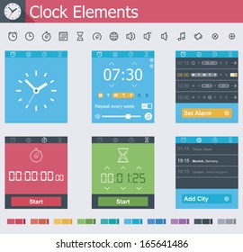 Vector clock application interface elements and icon set