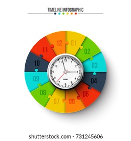 Vector clock with circle puzzle for infographic. Template for timeline diagram, graph, presentation and round chart. Business concept with 12 options, parts, steps or processes. Abstract background.