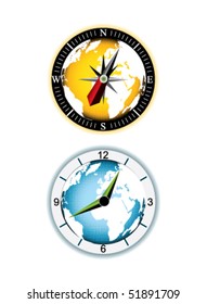 Vector clock and compass with world map