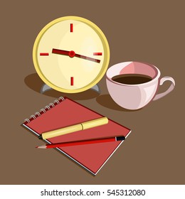 A vector clock, cup of coffee, notebook, pen and pencil