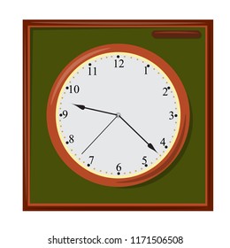 Vector clock with a dial in a square frame. Vector graphics.