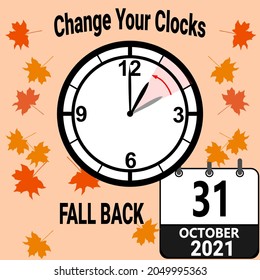 Vector clock and dry leaves.  Illustration of England daylight saving time end