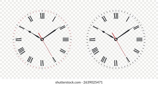 Vector Clock Face Set with Roman Numerals. Vector Clock Face Illustration with Hour, Minute and Second Hands. Isolated Classic Clock Face Design for Time Concept, Education, Decor and Watch Mockup
