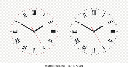 Vector Clock Face Set with Roman Numerals. Vector Clock Face Illustration with Hour, Minute and Second Hands. Isolated Classic Clock Face Design for Time Concept, Education, Decor and Watch Mockup