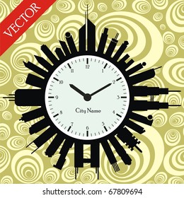 Vector Clock Face Surrounded by City Buildings on Attractive Background Easy to Change Time Place For City Name Useful For business and people